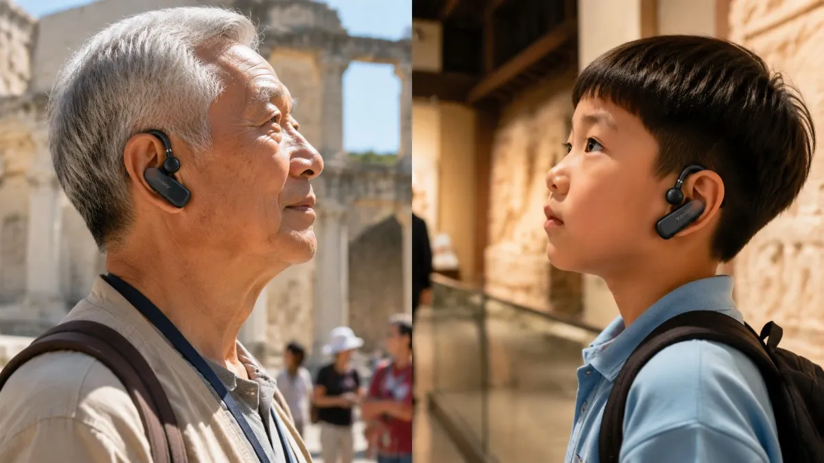 An elderly visitor and a young child both comfortably using the same wireless audio guide device at different venues illustrating accessible design for all age groups1 An elderly visitor and a young child both comfortably using the same wireless audio guide device at different venues illustrating accessible design for all age groups1