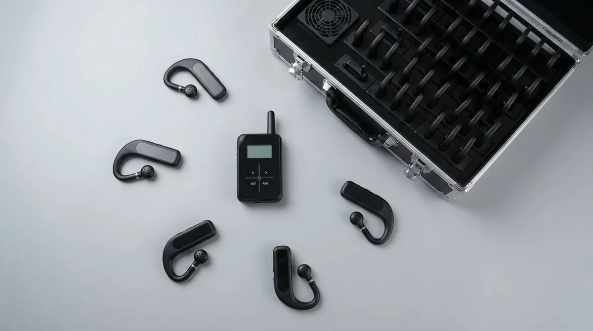 Wireless tour guide system componentstransmitter receivers and charging case Wireless tour guide system componentstransmitter receivers and charging case