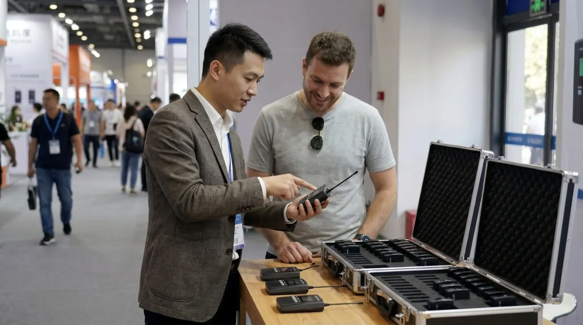 Staff showing a visitor how to use a wireless receiver at a trade show Staff showing a visitor how to use a wireless receiver at a trade show