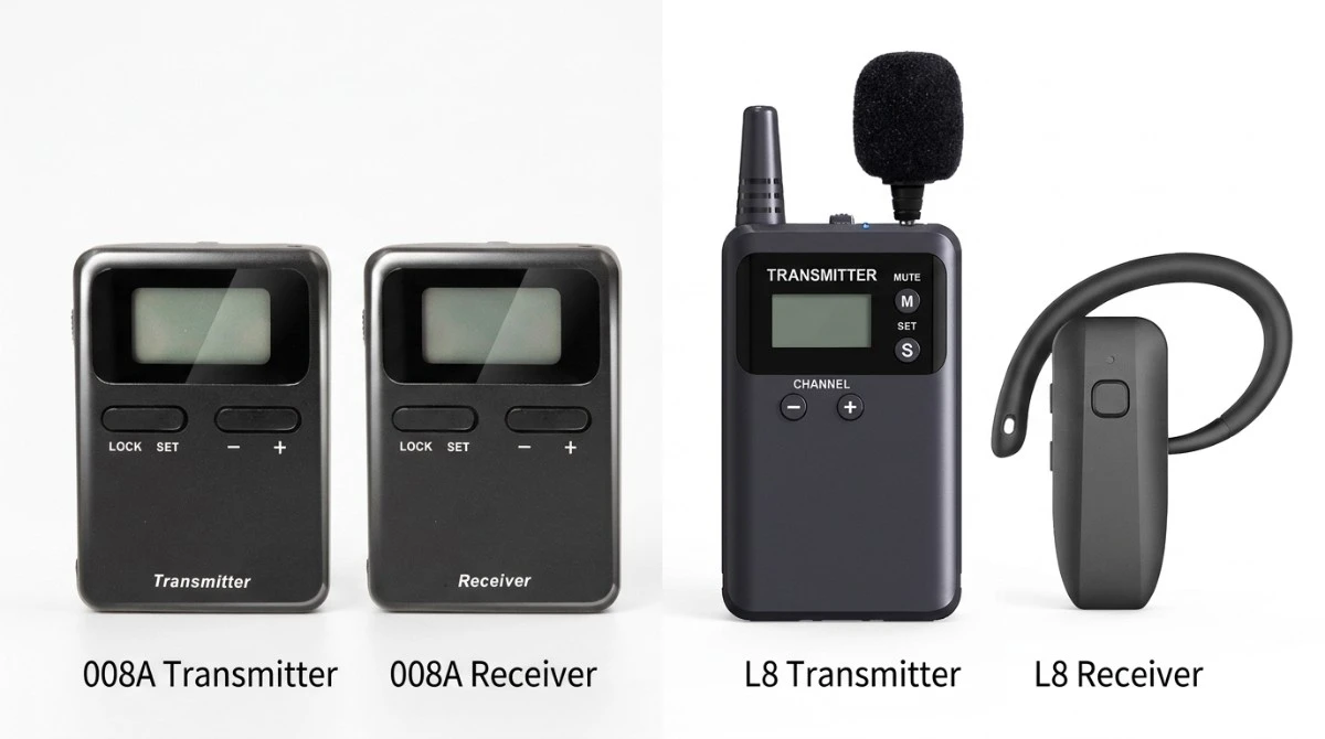 Side-by-side comparison of the 008A and L8 wireless tour guide systems Side-by-side comparison of the 008A and L8 wireless tour guide systems