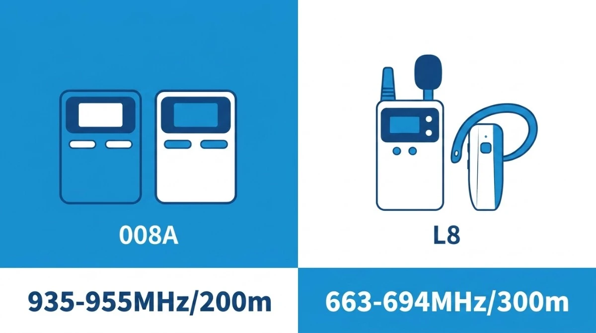 Icon comparison of the 008A and L8 frequency bands and transmission range Icon comparison of the 008A and L8 frequency bands and transmission range