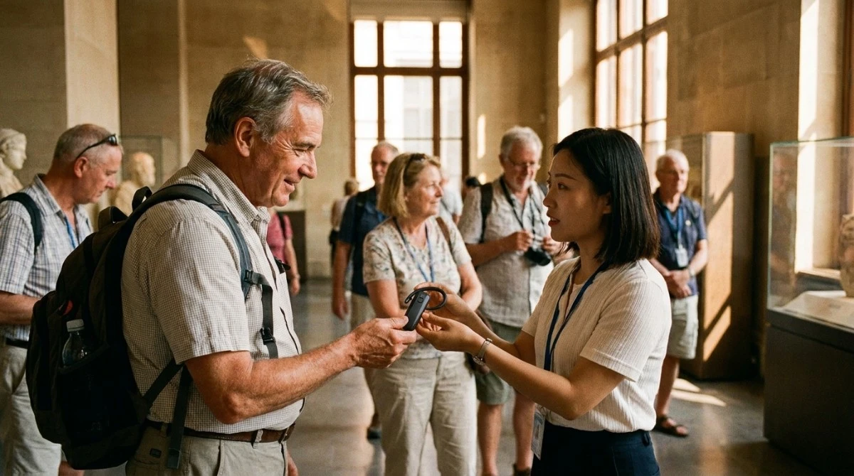 A guide hands a wireless receiver to a foreign visitor inside a gallery warm indoor lighting A guide hands a wireless receiver to a foreign visitor inside a gallery warm indoor lighting