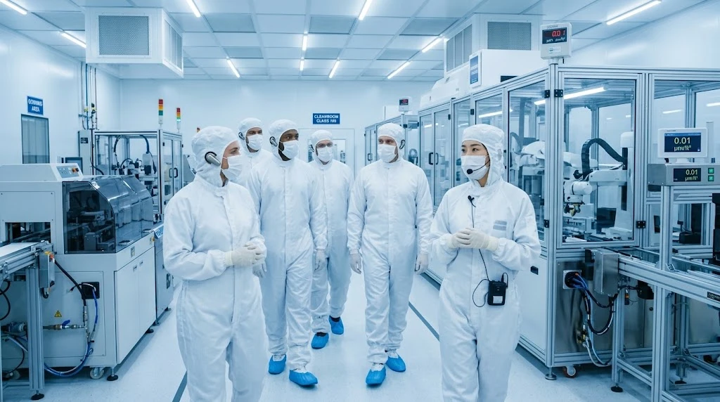 Visitors touring a cleanroom facility using L7 receivers under protective gear Visitors touring a cleanroom facility using L7 receivers under protective gear
