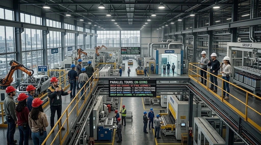 Multiple factory tour groups operating on separate channels across production lines Multiple factory tour groups operating on separate channels across production lines