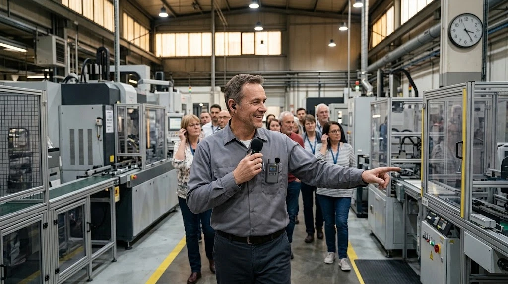 Guide wearing lightweight L7 transmitter through a full day of factory tours Guide wearing lightweight L7 transmitter through a full day of factory tours