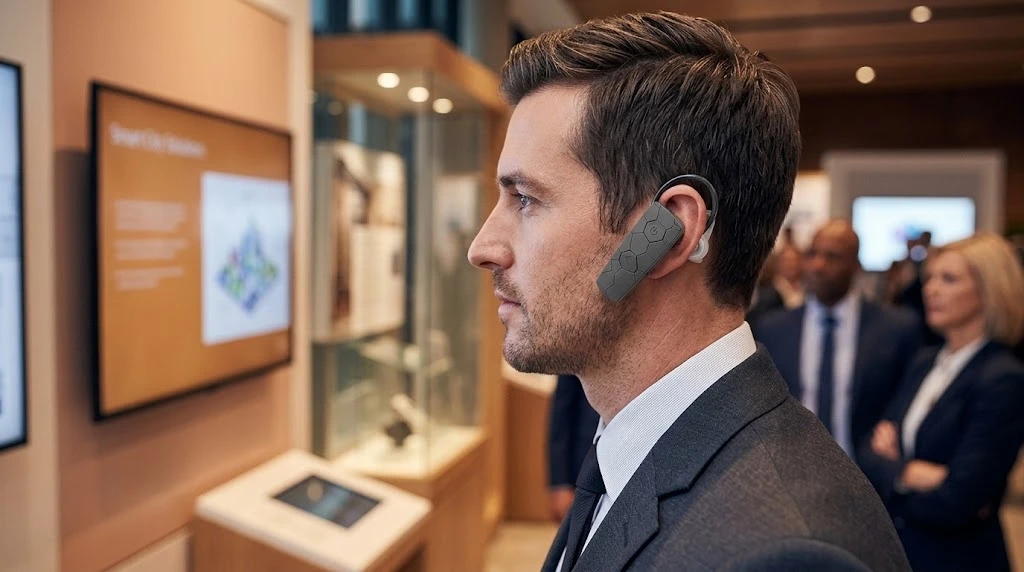 Discreet lightweight E8 receiver worn during a corporate reception visit Discreet lightweight E8 receiver worn during a corporate reception visit