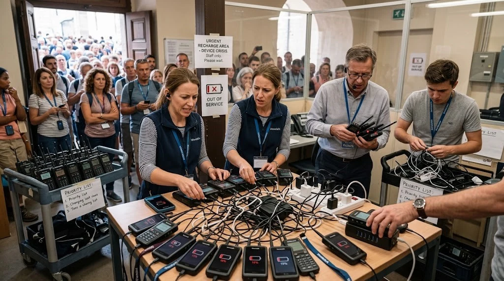 Staff scrambling to recharge tour guide devices mid-shift due to battery shortfall Staff scrambling to recharge tour guide devices mid-shift due to battery shortfall