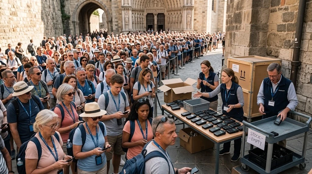 Venue staff facing equipment shortage during a peak-season crowd surge Venue staff facing equipment shortage during a peak-season crowd surge