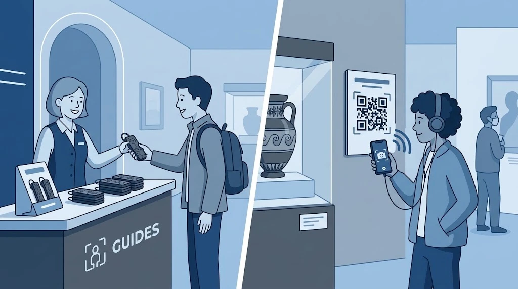 Illustration of a visitor collecting a handheld audio guide at a desk versus scanning a code to start a phone-based tour Illustration of a visitor collecting a handheld audio guide at a desk versus scanning a code to start a phone-based tour