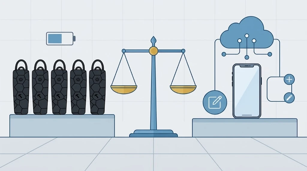 Cost comparison concept- charging rack of audio guide devices on one side and phone and cloud content icons on the other Cost comparison concept- charging rack of audio guide devices on one side and phone and cloud content icons on the other