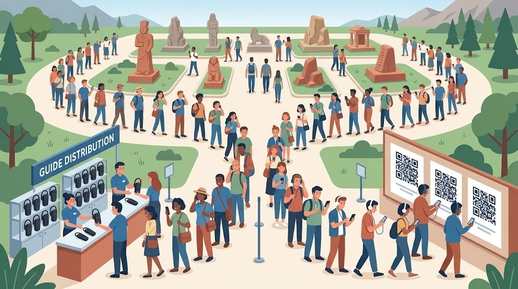 Visitors entering an attraction with some taking audio guide devices and others using their own phones on the same tour Visitors entering an attraction with some taking audio guide devices and others using their own phones on the same tour