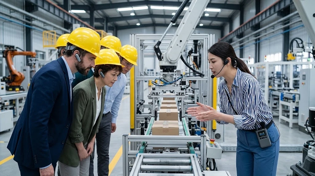 Factory tour guide with a headset microphone leading visitors in earpieces along a marked walkway Factory tour guide with a headset microphone leading visitors in earpieces along a marked walkway