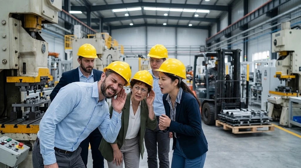 Visitors straining to hear a guide on a loud factory floor with machinery and a forklift nearby Visitors straining to hear a guide on a loud factory floor with machinery and a forklift nearby