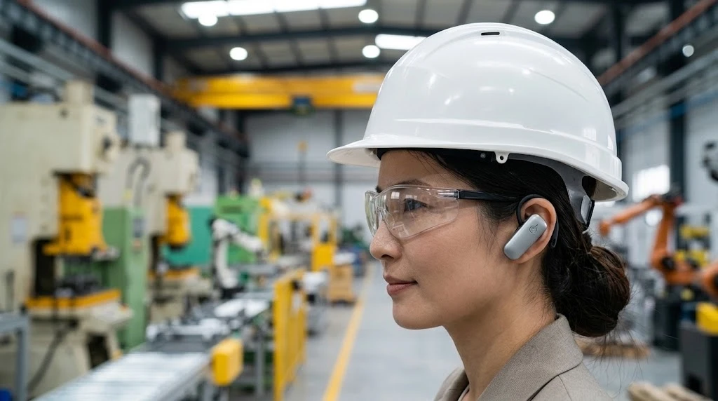 Close-up of a visitor wearing a safety helmet safety glasses and a lightweight earpiece during a factory tour Close-up of a visitor wearing a safety helmet safety glasses and a lightweight earpiece during a factory tour