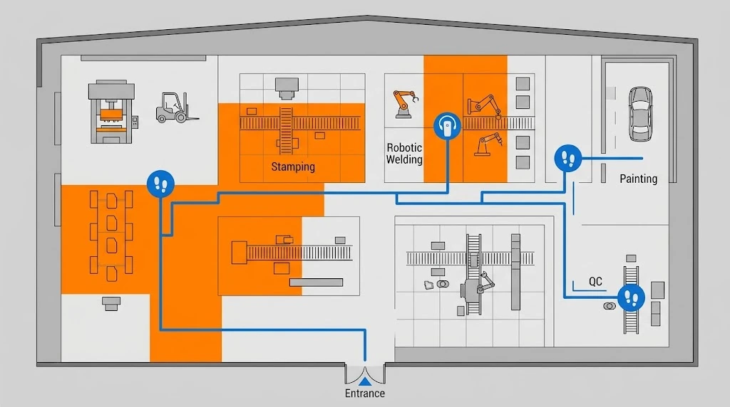 Top-down factory floor plan with a tour route stopping points and noisy zones marked in color Top-down factory floor plan with a tour route stopping points and noisy zones marked in color