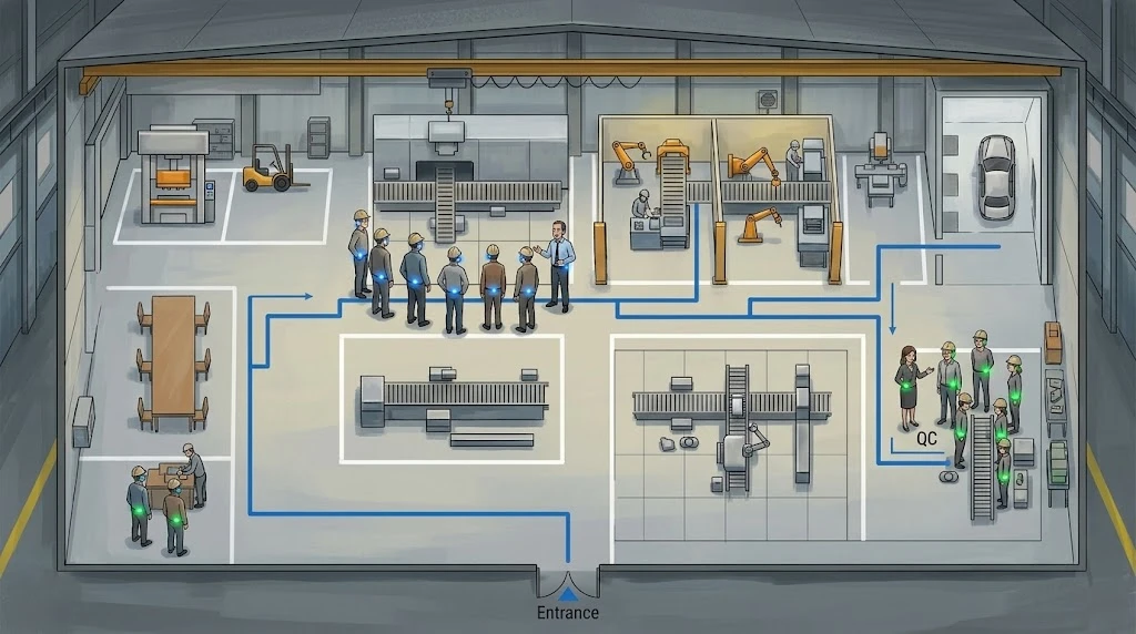 Two groups with separate guides touring the same factory floor at the same time on different audio channels Two groups with separate guides touring the same factory floor at the same time on different audio channels