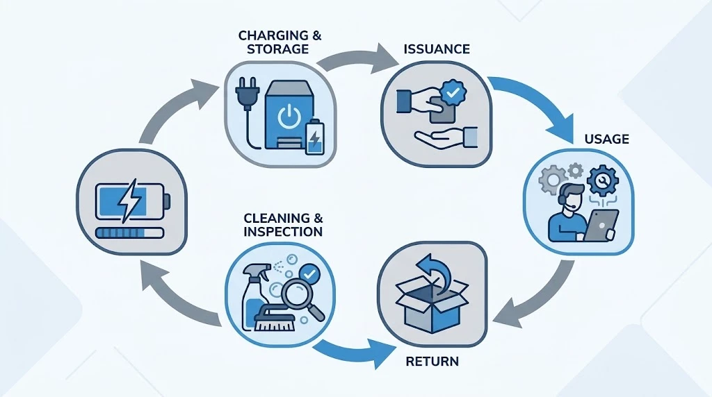 Circular diagram of the daily receiver lifecycle from charging and issuing to returning cleaning and recharging Circular diagram of the daily receiver lifecycle from charging and issuing to returning cleaning and recharging
