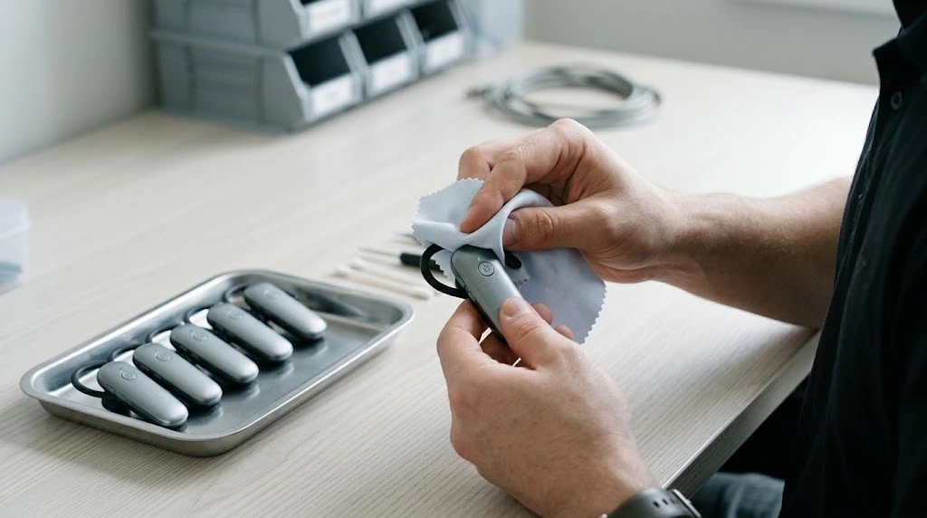 Staff wiping an earphone clean with spare ear covers and clean units arranged on a tray Staff wiping an earphone clean with spare ear covers and clean units arranged on a tray