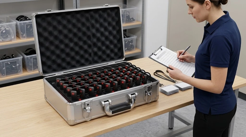 Staff checking a charging case full of tour guide receivers Staff checking a charging case full of tour guide receivers