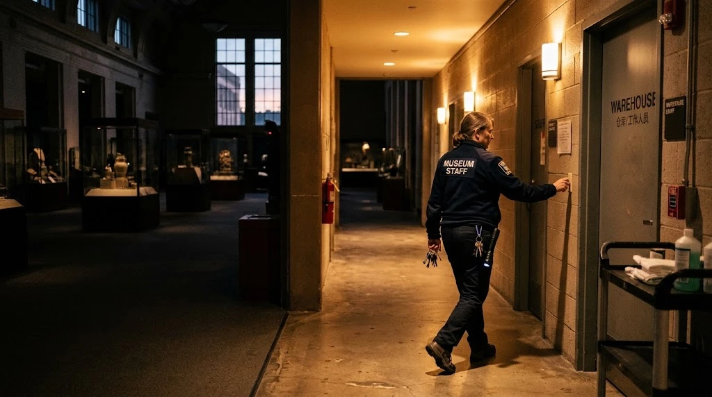 Staff member switching off lights in a museum hall at closing time Staff member switching off lights in a museum hall at closing time