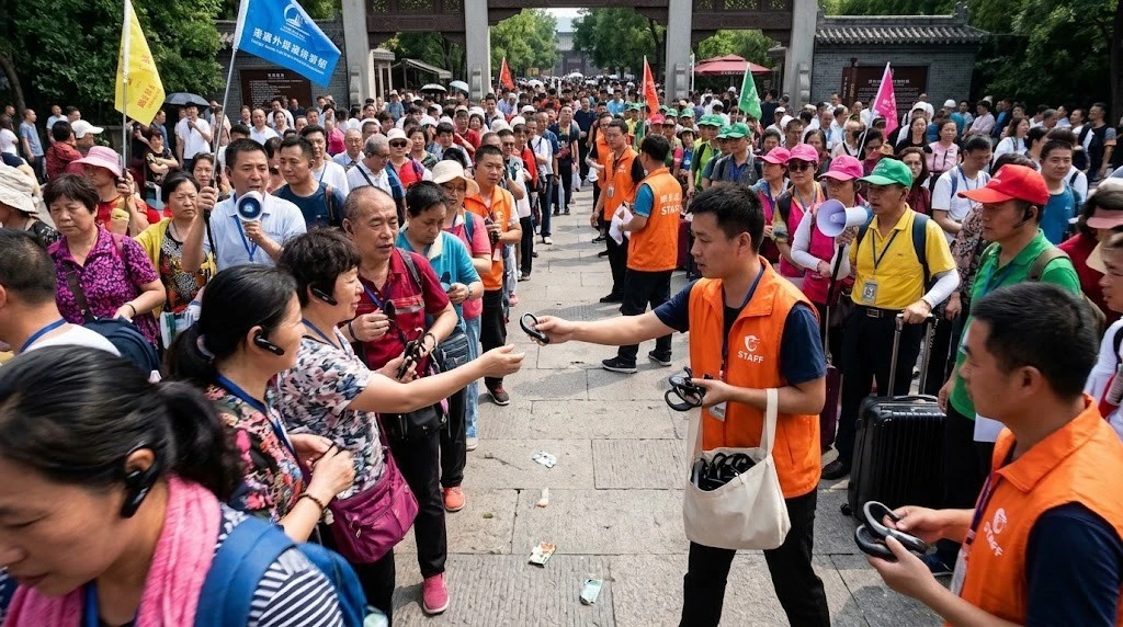 Staff handing out equipment to several tour groups at a busy scenic area entrance Staff handing out equipment to several tour groups at a busy scenic area entrance