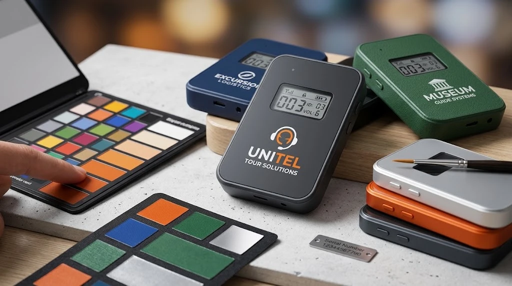 Custom logo printing on a tour guide system transmitter for OEM branding Custom logo printing on a tour guide system transmitter for OEM branding