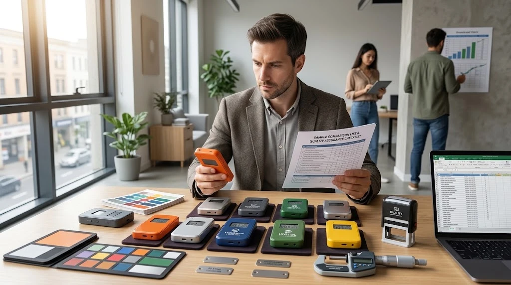 Buyer reviewing a tour guide system sample before approving mass production Buyer reviewing a tour guide system sample before approving mass production