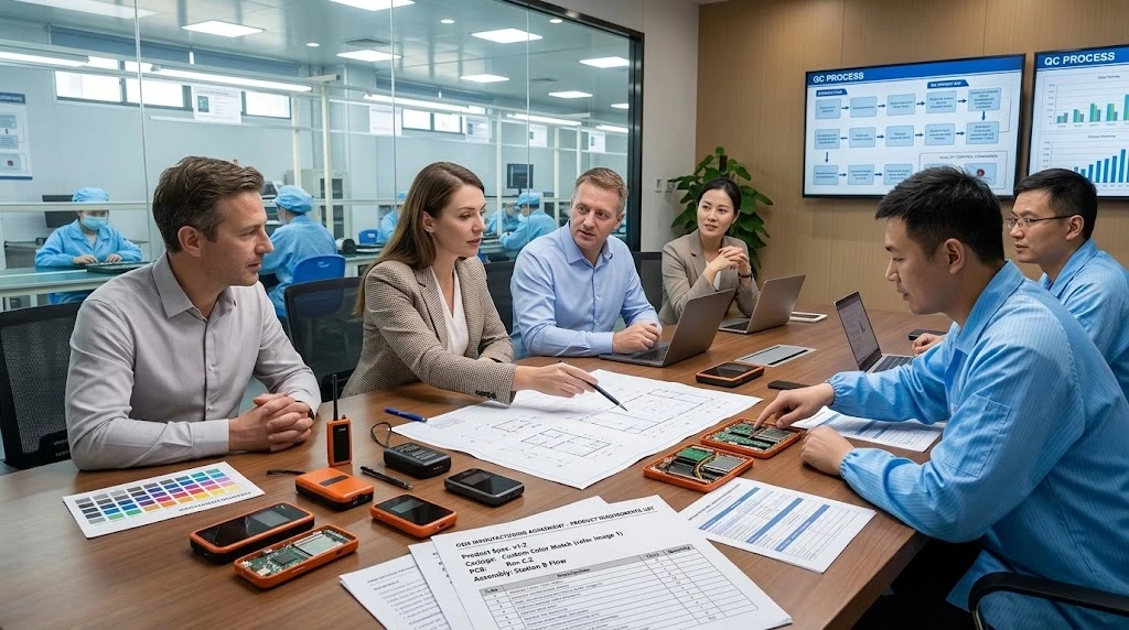 Buyer and manufacturer discussing OEM tour guide system requirements Buyer and manufacturer discussing OEM tour guide system requirements