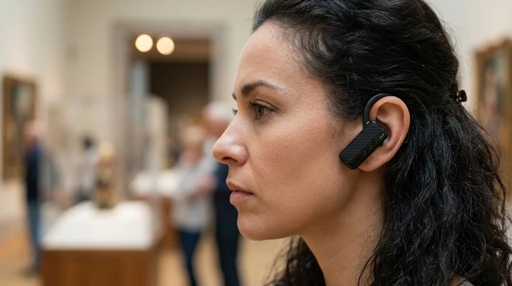 Close-up of a visitor listening through a receiver in a busy gallery Close-up of a visitor listening through a receiver in a busy gallery