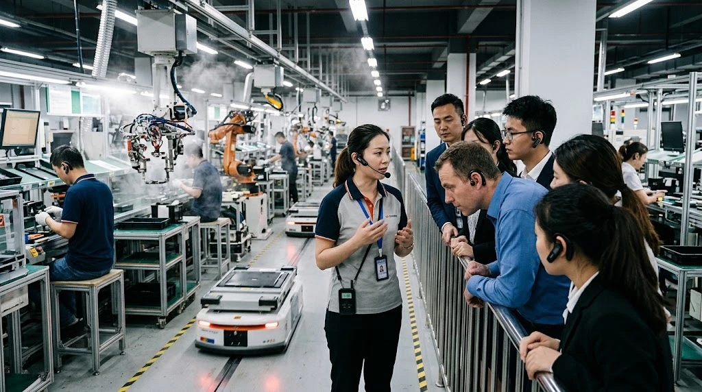 Guide speaking to a small group beside operating machinery on a factory floor Guide speaking to a small group beside operating machinery on a factory floor