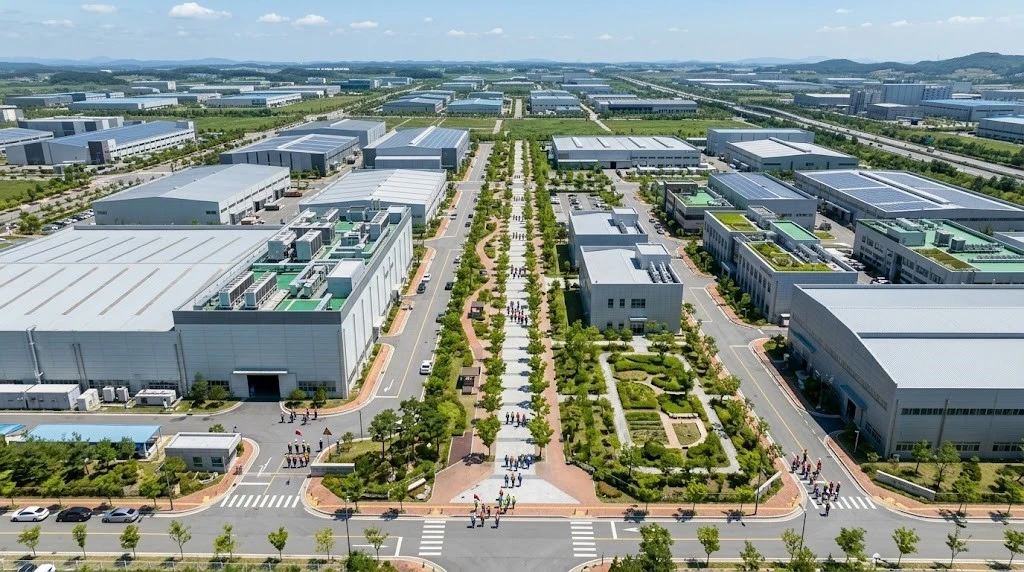 Aerial view of several small visitor groups walking between factory buildings in an industrial park Aerial view of several small visitor groups walking between factory buildings in an industrial park