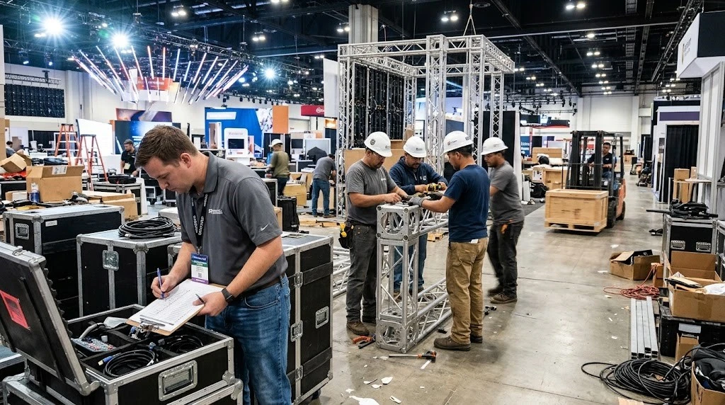 Event staff checking equipment during exhibition setup Event staff checking equipment during exhibition setup