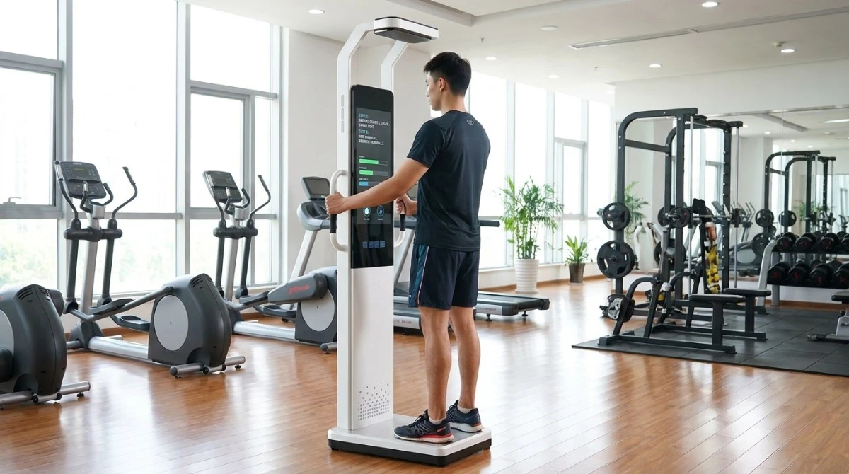 User standing at health test machine following on-screen prompts User standing at health test machine following on-screen prompts