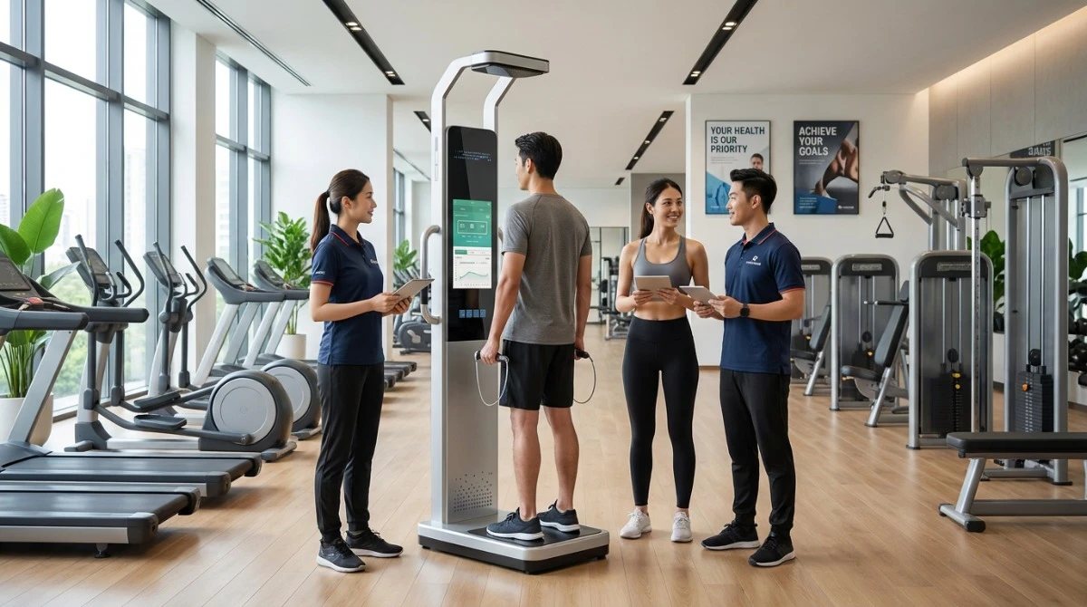 Employees using smart health test machine in a corporate wellness center Employees using smart health test machine in a corporate wellness center