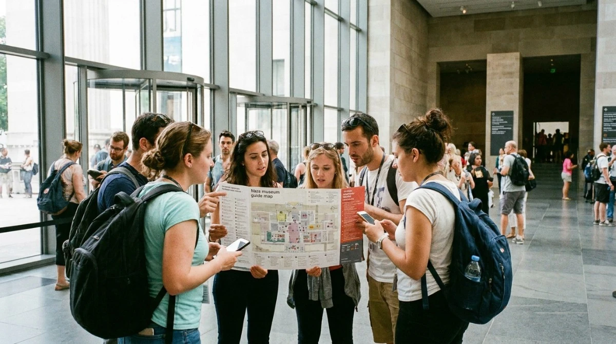 International visitors checking a museum guide map at the entrance under natural light International visitors checking a museum guide map at the entrance under natural light