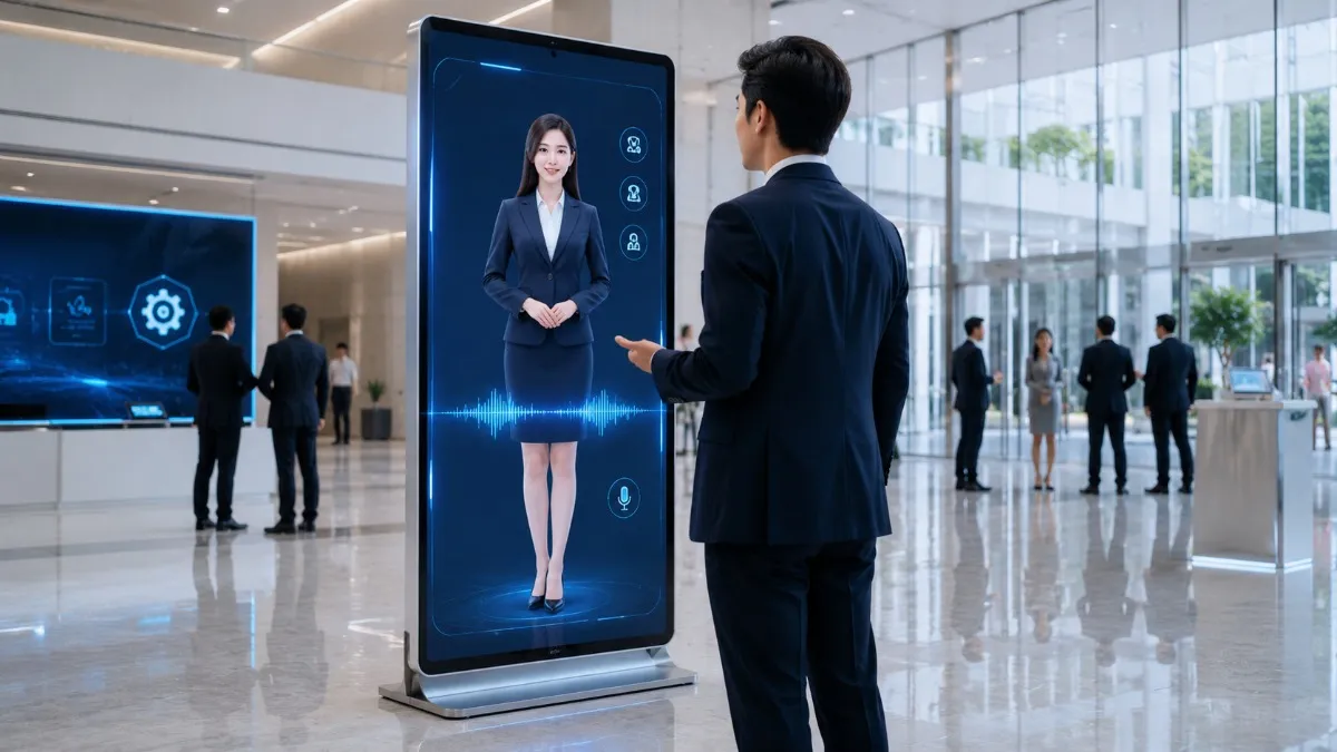 Yingmi AI digital human deployed on a smart display kiosk in a modern exhibition hall interacting with a visitor in real time Yingmi AI digital human deployed on a smart display kiosk in a modern exhibition hall interacting with a visitor in real time