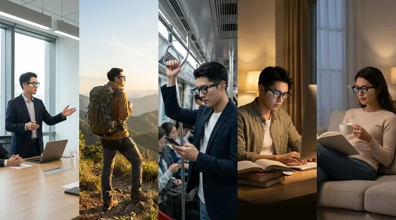 Multiple usage scenes for H06 smart glasses business travel commute study and home use Multiple usage scenes for H06 smart glasses business travel commute study and home use